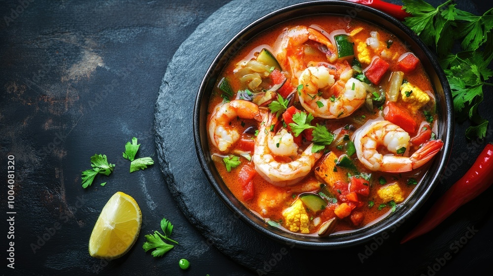 An inviting bowl of moqueca filled with shrimp, fish, and vegetables, elegantly arranged on a dark slate table, providing plenty of copy space for promotional text An inviting bowl of moqueca filled with shrimp, fish, and vegetables, elegantly arranged on a dark slate table, providing plenty of copy space for promotional text