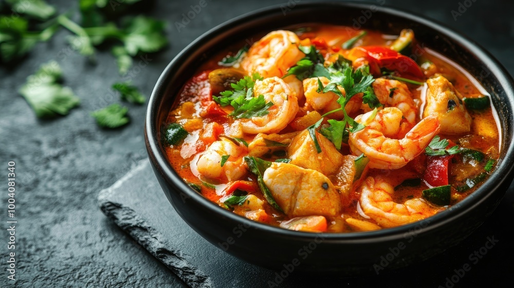 An inviting bowl of moqueca filled with shrimp, fish, and vegetables, elegantly arranged on a dark slate table, providing plenty of copy space for promotional text An inviting bowl of moqueca filled with shrimp, fish, and vegetables, elegantly arranged on a dark slate table, providing plenty of copy space for promotional text