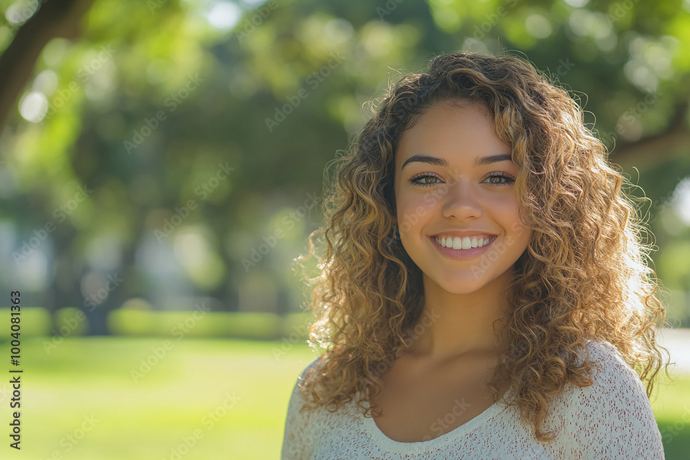 Young woman with curly hair smiling while standing outside in a park on a sunny summer afternoon Young woman with curly hair smiling while standing outside in a park on a sunny summer afternoon
