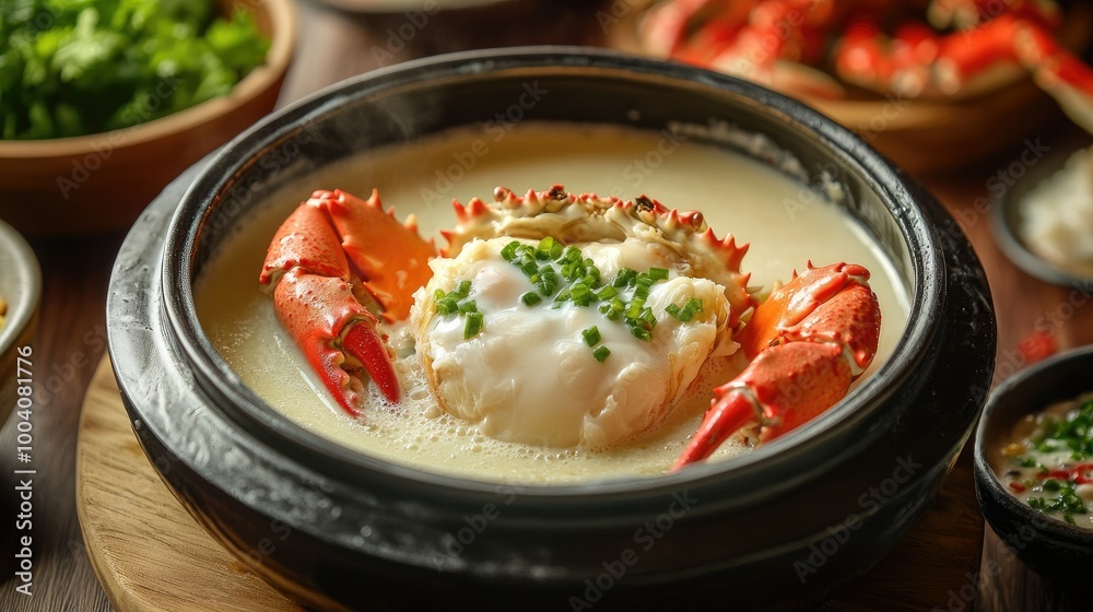 An inviting shot of steamed egg crab, showcasing the creamy interior filled with fresh milk, drizzled with a spicy seafood sauce, perfect for highlighting this delicious seafood delicacy. An inviting shot of steamed egg crab, showcasing the creamy interior filled with fresh milk, drizzled with a spicy seafood sauce, perfect for highlighting this delicious seafood delicacy.