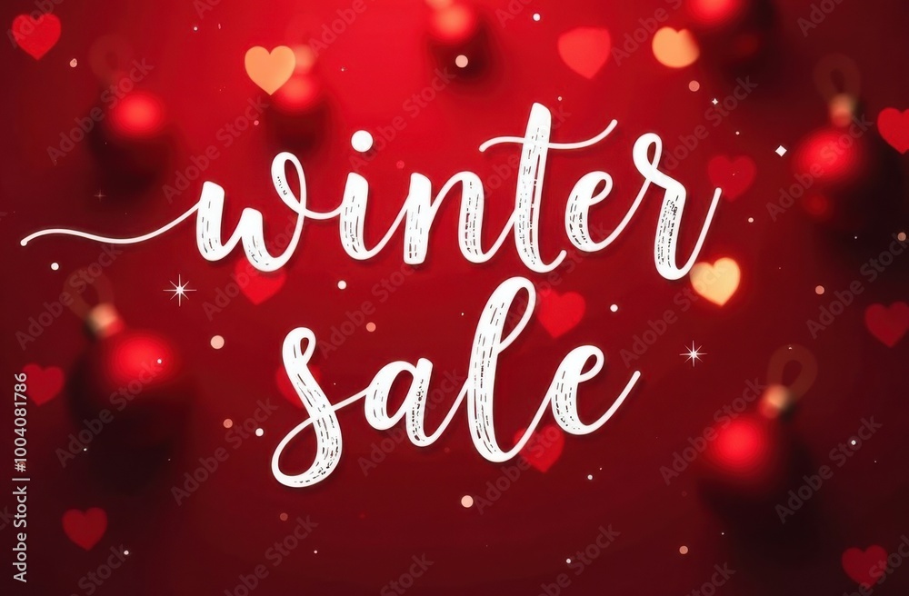 Winter sale sign over red background with hearts and christmas balls Winter sale sign over red background with hearts and christmas balls