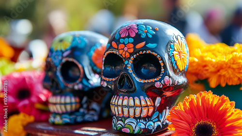 Colorful sugar skulls decorated with flowers for Day of the Dead celebration in a vibrant setting