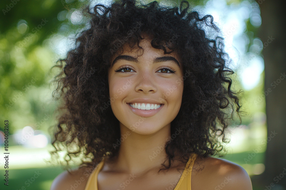 Young woman with curly hair smiling while standing outside in a park on a sunny summer afternoon Young woman with curly hair smiling while standing outside in a park on a sunny summer afternoon