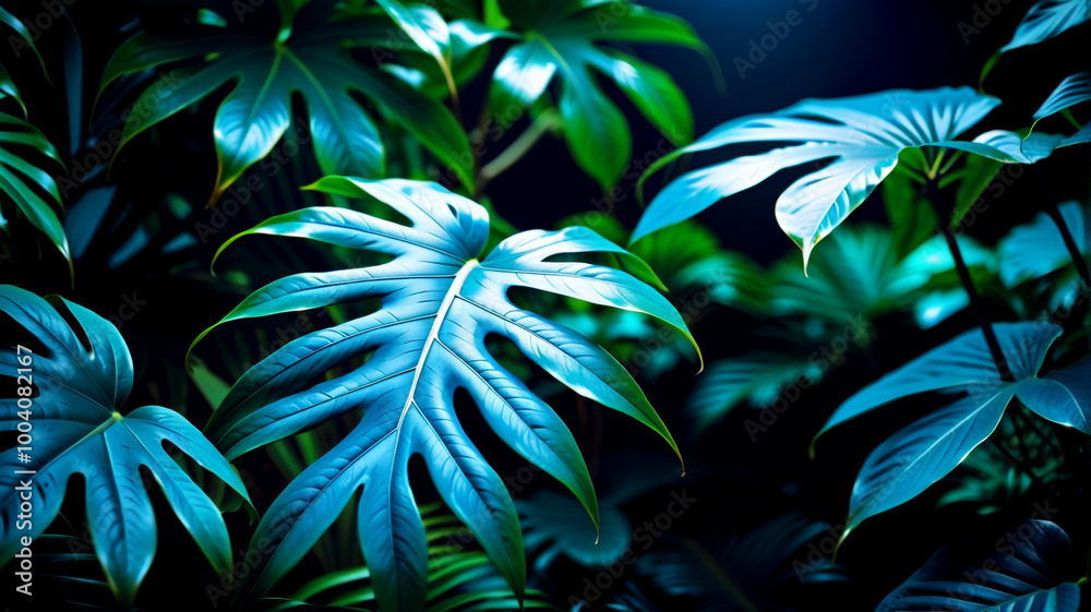 Collection of tropical leaves,foliage plant in blue color with space background Collection of tropical leaves,foliage plant in blue color with space background