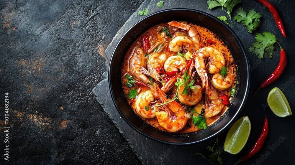 Artistic top view of a bowl of tom yum kung, showcasing the vibrant colors of shrimp and spices in a black bowl, set on a dark stone surface that allows for easy addition of copy. Artistic top view of a bowl of tom yum kung, showcasing the vibrant colors of shrimp and spices in a black bowl, set on a dark stone surface that allows for easy addition of copy.
