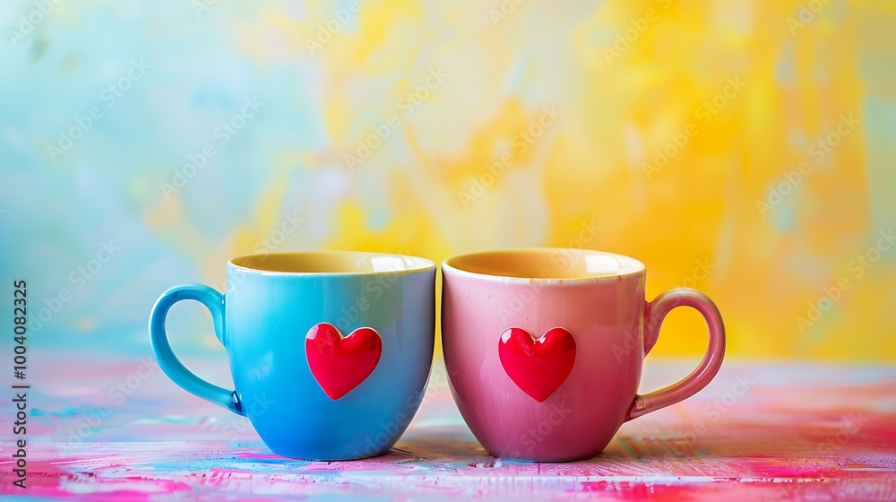 Two multi colored hearts in a cup mug with a heart inside isolated on colorful background Two multi colored hearts in a cup mug with a heart inside isolated on colorful background