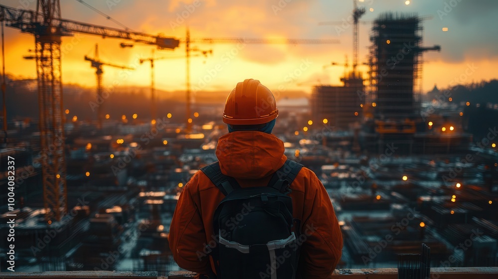 back view of a construction engineer in safety gear surveying the construction site with cranes and halfbuilt structures in the background showcasing diligence and progress in building back view of a construction engineer in safety gear surveying the construction site with cranes and halfbuilt structures in the background showcasing diligence and progress in building