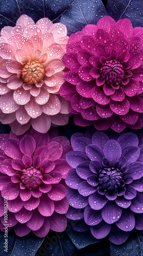 Beautiful close-up of colorful pink and purple dahlias with dew drops on the petals, detailed floral background