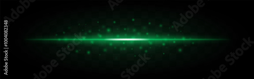 Horizontal green laser beam with scattered glowing particles isolated on a transparent background. Bright energy effect, ideal for sci-fi, futuristic themes, or digital graphic design. photo