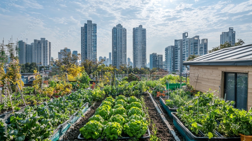 Urban rooftop garden featuring rows of fresh produce and greenery, with towering skyscrapers in the background Urban rooftop garden featuring rows of fresh produce and greenery, with towering skyscrapers in the background