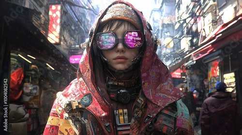 A young woman in a futuristic cyberpunk street wearing reflective tech glasses and vibrant urban fashion