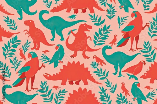 Whimsical Jungle Decor with Playful Coral and Mint Dinosaur and Parrot Silhouette Pattern