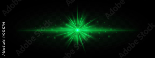 Horizontal green laser beam with starburst effect and scattered glowing particles on a transparent background. Ideal for sci-fi, futuristic, or technology-themed designs. photo