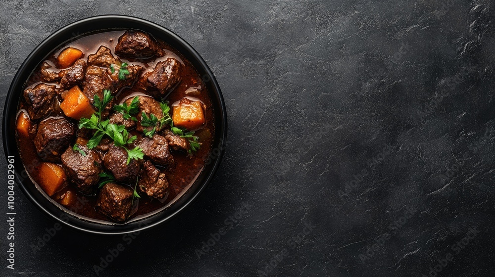Boeuf Bourguignon in a black bowl on a dark textured background, with space on the right for text. Perfect for restaurant promotions or social media posts. Boeuf Bourguignon in a black bowl on a dark textured background, with space on the right for text. Perfect for restaurant promotions or social media posts.