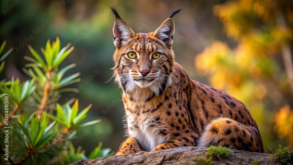 Fototapeta premium Majestic Lynx Resting on a Rock in a Vibrant Forest Setting