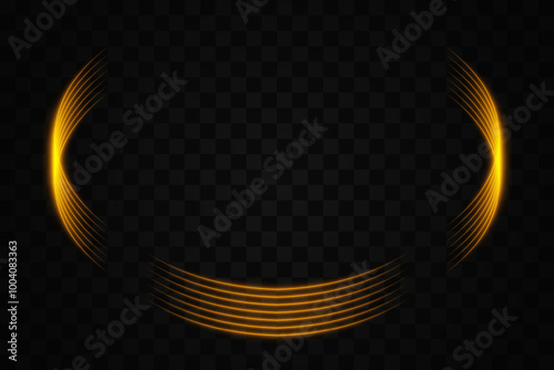 Golden curved neon light elements forming a partial circle on a transparent background. Ideal for futuristic and tech-themed designs.