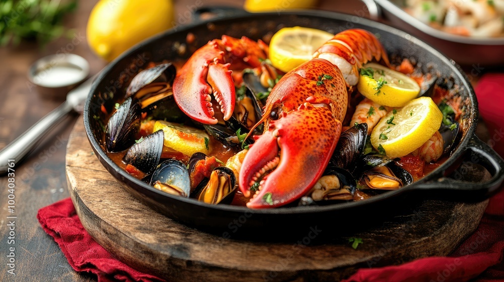 Close-up of hot, broiled halved Maine lobster with vibrant lemon slices, accompanied by a rich bouillabaisse mussels seafood stew in a pan, presented on a wooden board with a red napkin. Close-up of hot, broiled halved Maine lobster with vibrant lemon slices, accompanied by a rich bouillabaisse mussels seafood stew in a pan, presented on a wooden board with a red napkin.