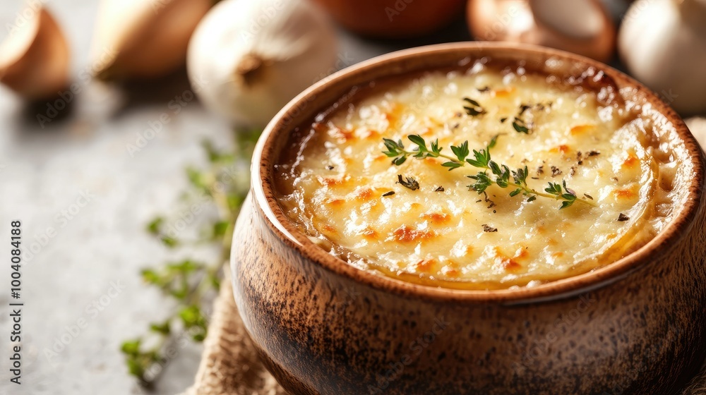 Closeup of a bubbling French onion soup in a ceramic bowl, garnished with herbs and cheese, set against a light background that allows for ample copy space. Closeup of a bubbling French onion soup in a ceramic bowl, garnished with herbs and cheese, set against a light background that allows for ample copy space.