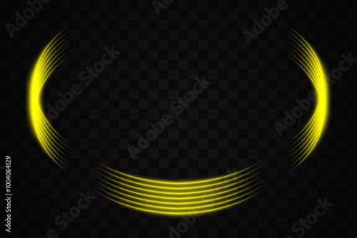 Golden curved neon light elements forming a partial circle on a transparent background. Ideal for futuristic and tech-themed designs.