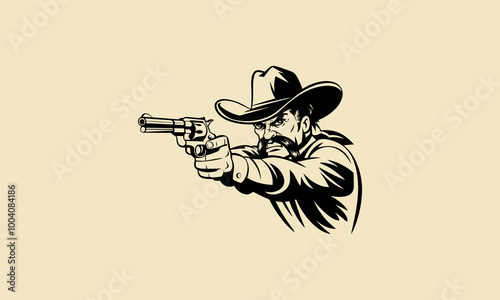 Angry cowboy aiming a revolver.