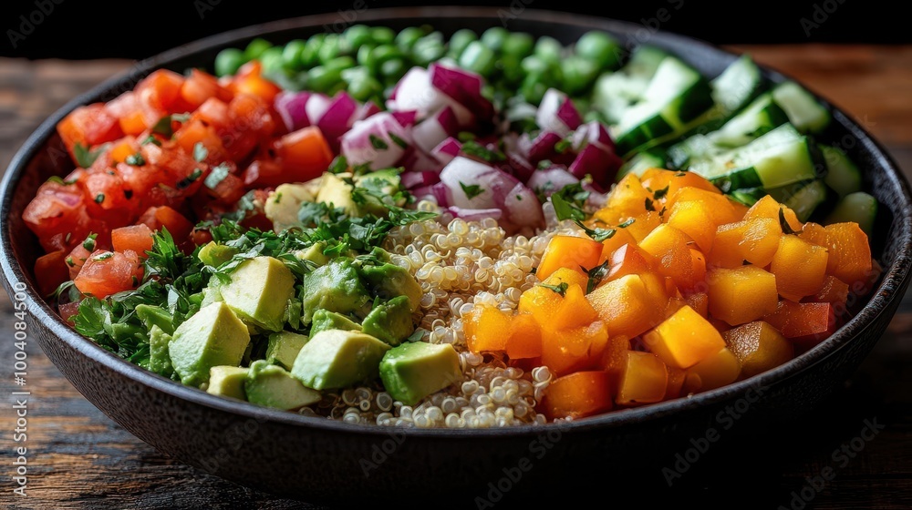 beautiful vegan buddha bowl filled with colorful fresh vegetables quinoa and creamy avocado artistically arranged on a rustic wooden table showcasing health and vibrancy beautiful vegan buddha bowl filled with colorful fresh vegetables quinoa and creamy avocado artistically arranged on a rustic wooden table showcasing health and vibrancy