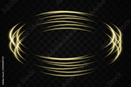 Abstract golden neon light rings arranged in a circular, overlapping pattern on a transparent background. Ideal for futuristic, tech, or sci-fi themed designs.