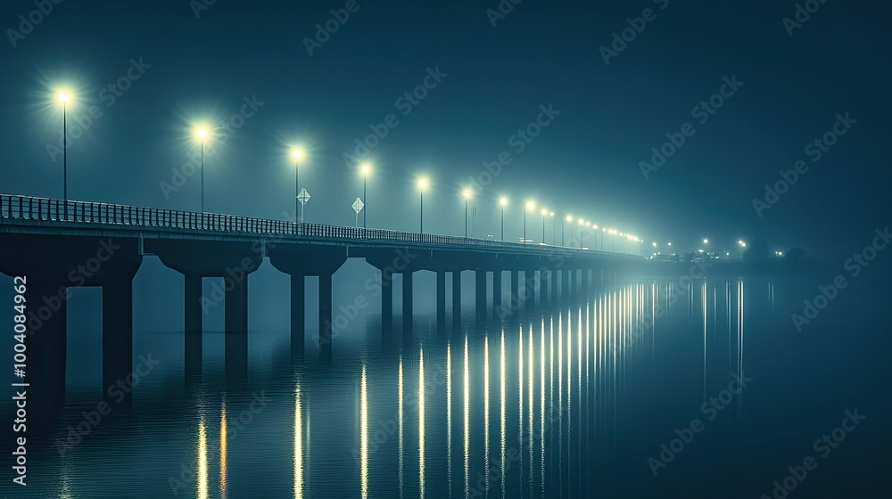 Obraz premium A bridge at night, with bright streetlights glowing along its length, creating a reflection on the water below.