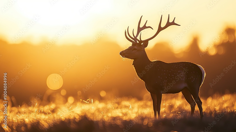 Fototapeta premium A bright background highlights the silhouette of a deer, standing calmly with antlers raised, creating a peaceful yet strong image.