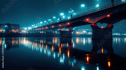 A bridge at night, with bright streetlights glowing along its length, creating a reflection on the water below.