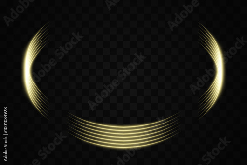 Golden curved neon light elements forming a partial circle on a transparent background. Ideal for futuristic and tech-themed designs.