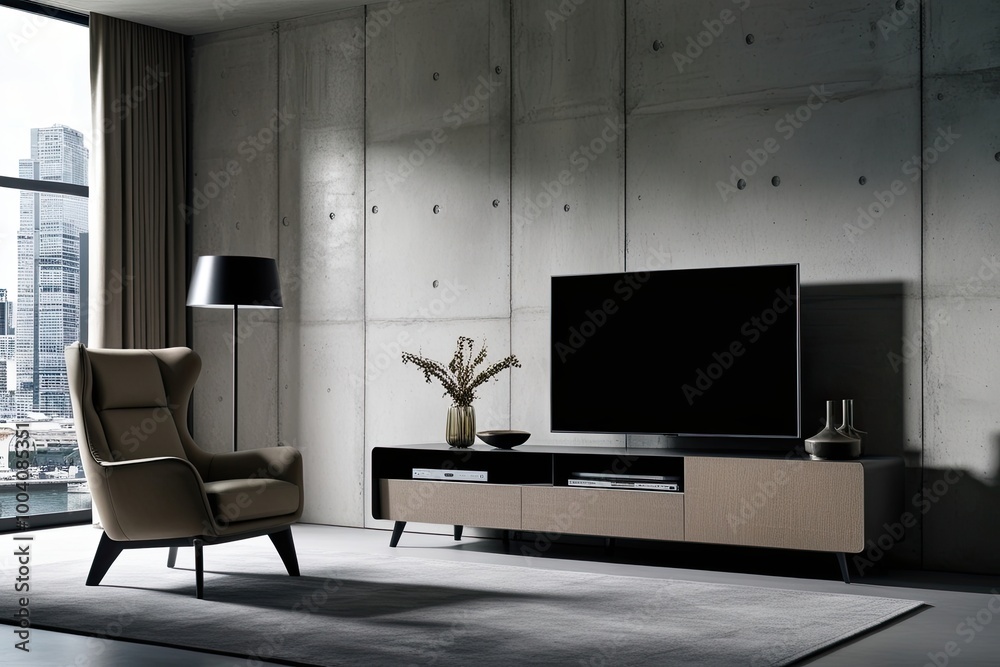 Ulta-Modern TV Cabinet and Stylish Armchair in a Luxurious Living Room with a Textured Concrete Wall Ulta-Modern TV Cabinet and Stylish Armchair in a Luxurious Living Room with a Textured Concrete Wall