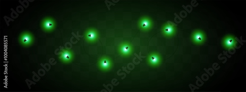 A string of green glowing fairy lights on a transparent background. Decorative, warm lighting for holidays or festive occasions.