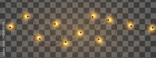 A string of yellow glowing fairy lights on a transparent background. Decorative, warm lighting for holidays or festive occasions.