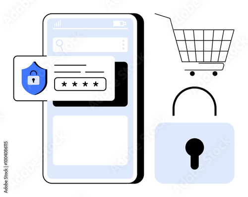 Mobile phone with a security shield and password, shopping cart, and a padlock. Ideal for mobile security, online shopping, password protection, data privacy, and cyber security. Simple modern style