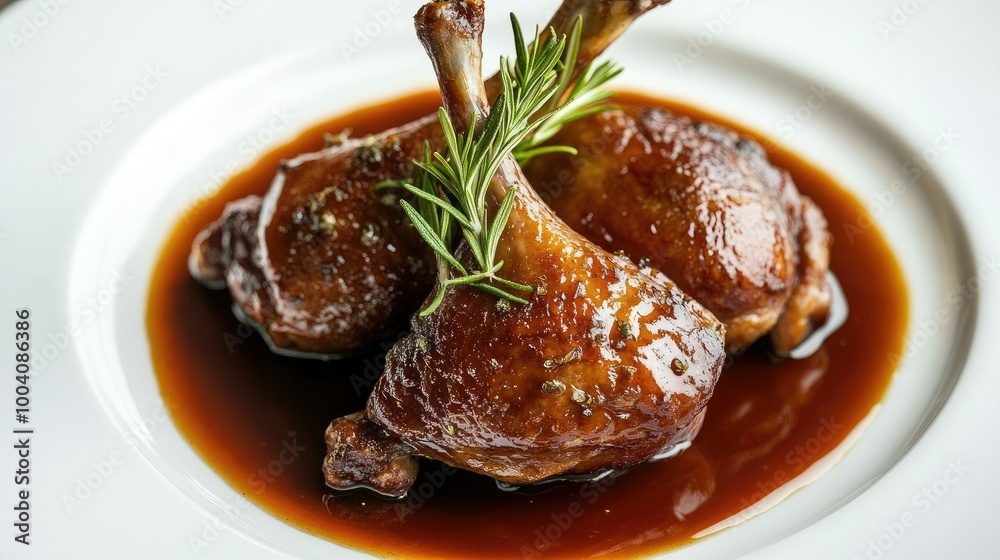 Elegant presentation of duck confit with tender duck legs, garnished with rosemary and served alongside a rich sauce, set against a light background. - Elegant presentation of duck confit with tender duck legs, garnished with rosemary and served alongside a rich sauce, set against a light background. -
