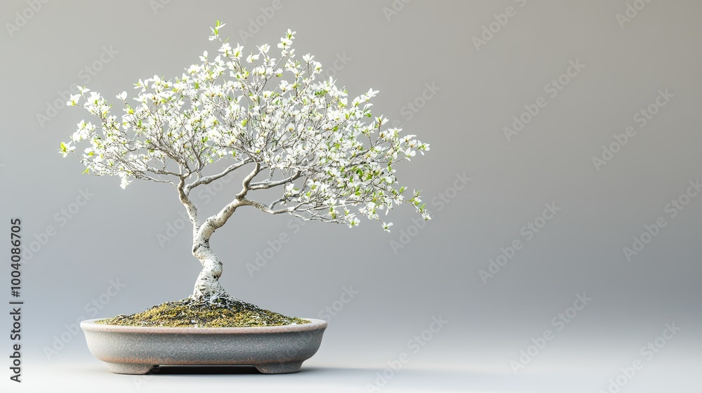 A delicate bonsai tree with intricate branches and small green leaves, isolated against a muted gray background. A delicate bonsai tree with intricate branches and small green leaves, isolated against a muted gray background.