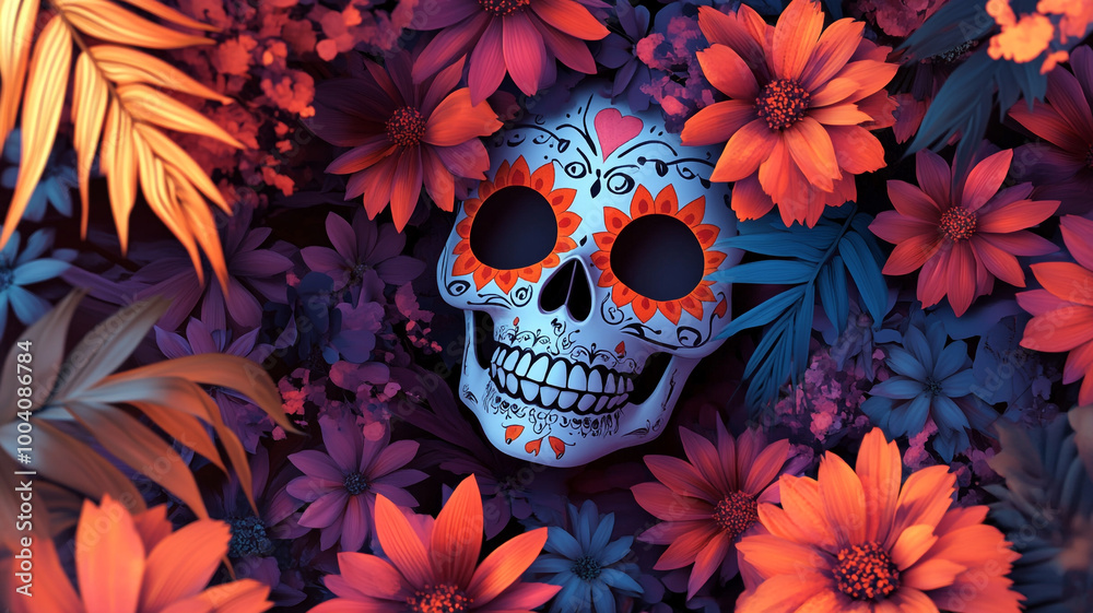 A vibrant Day of the Dead skull surrounded by colorful flowers and leaves in a festive display A vibrant Day of the Dead skull surrounded by colorful flowers and leaves in a festive display