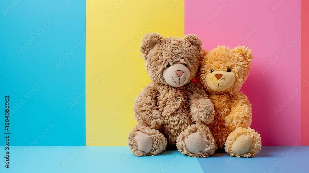 Two teddy bears in a tender relationship isolated on colorful background Two teddy bears in a tender relationship isolated on colorful background