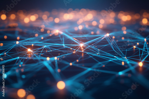 Abstract technological network with glowing orange and blue points, representing futuristic connectivity and data exchange in a digital world