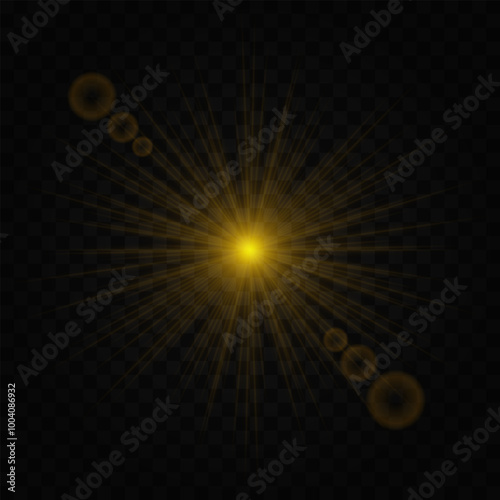 Bright glowing yellow starburst isolated on transparent background. Radiant energy burst with sharp rays extending outward and circle. Abstract light effect, perfect for festive or explosive graphics. photo