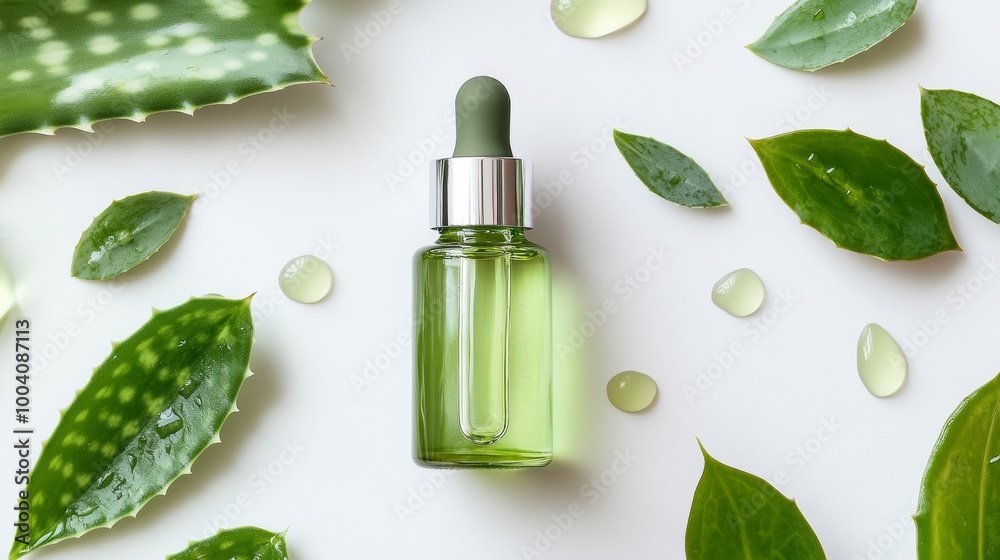 Aloe Vera Serum Bottle with Green Leaves. Aloe Vera Serum Bottle with Green Leaves.