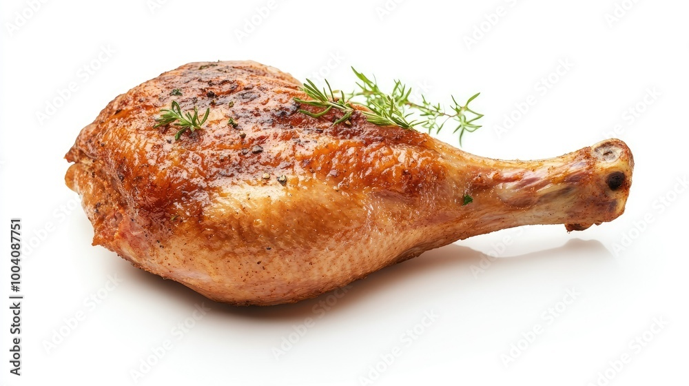 Isolated roast duck leg with perfectly crisp skin, presented on a white background, highlighting the richness and flavor of the dish for food enthusiasts. Isolated roast duck leg with perfectly crisp skin, presented on a white background, highlighting the richness and flavor of the dish for food enthusiasts.