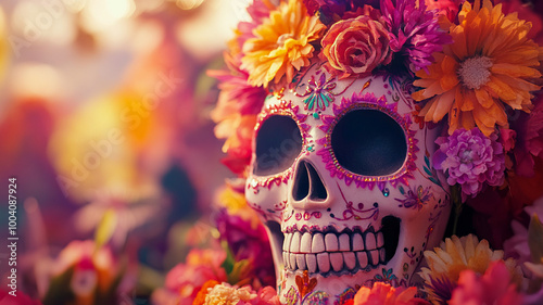 Colorful Day of the Dead altar featuring a decorated skull surrounded by vibrant flowers