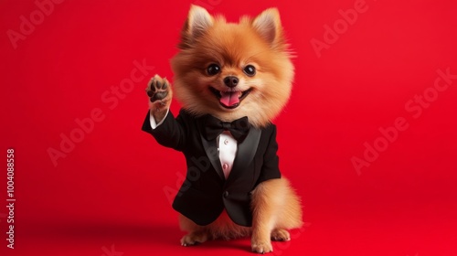 A small, fluffy Pomeranian dog dressed in a black tuxedo sits against a vibrant red backdrop. The dog waves its paw happily, radiating joy and charm in this playful moment. photo