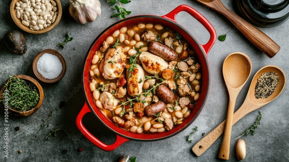 Top view of a red pot filled with hearty cassoulet featuring chicken breast, sausages, and white beans, arranged on a grey concrete table with ingredients and wooden spoons. Top view of a red pot filled with hearty cassoulet featuring chicken breast, sausages, and white beans, arranged on a grey concrete table with ingredients and wooden spoons.