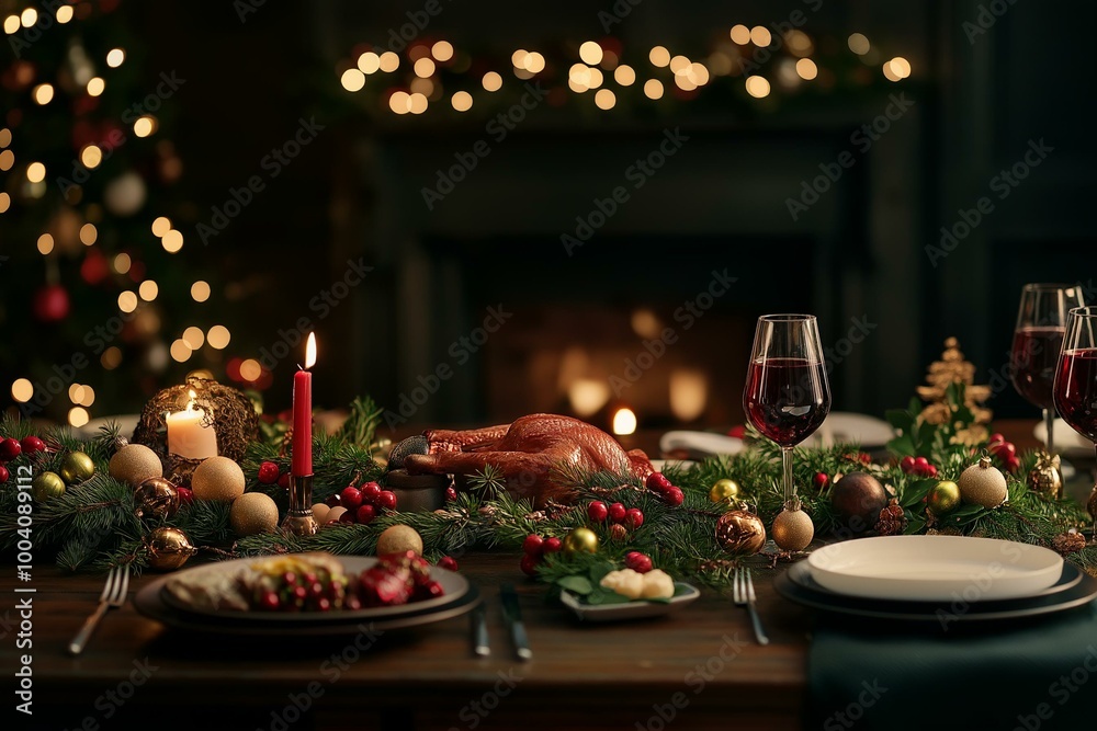 A beautifully set Christmas dinner table with festive decorations, delicious food, and a cozy atmosphere by a glowing fireplace. A beautifully set Christmas dinner table with festive decorations, delicious food, and a cozy atmosphere by a glowing fireplace.