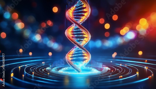 A DNA Hologram on a Dark Background: An Intriguing Representation of Science, Medicine, and Biotechnology, Showcasing the Cutting-Edge Advances in Genetic Research and Its Transformative Impact on Hea photo