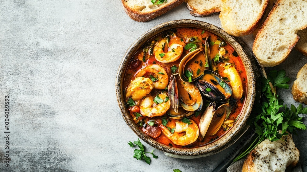 Top view of bouillabaisse in a rustic bowl, garnished with fresh herbs and accompanied by crusty bread, set against a clean background for ideal copy space. Top view of bouillabaisse in a rustic bowl, garnished with fresh herbs and accompanied by crusty bread, set against a clean background for ideal copy space.