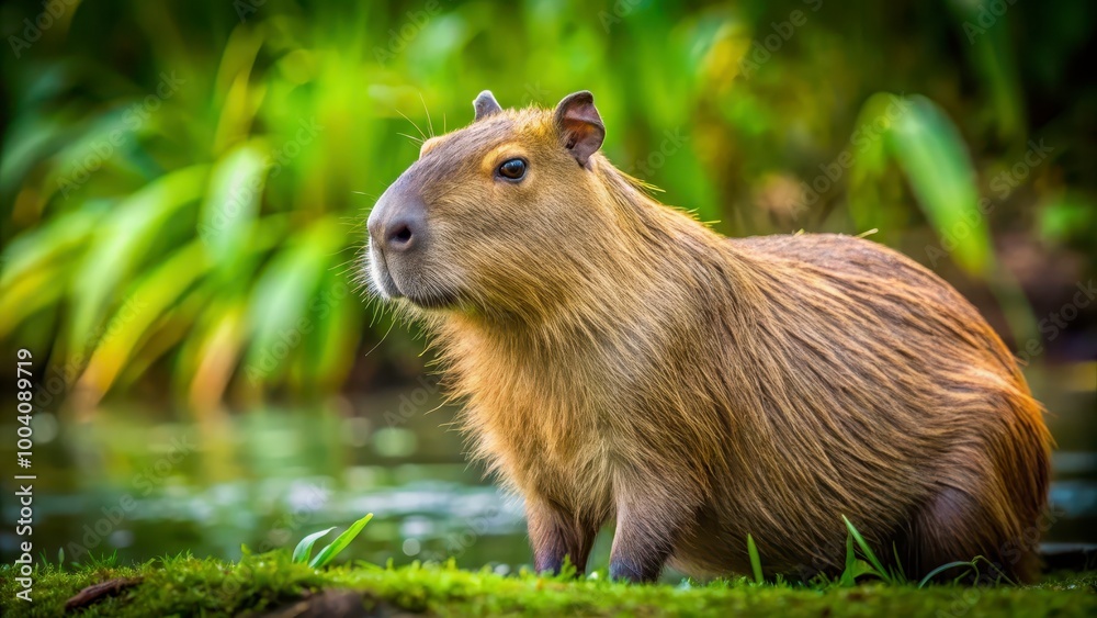 Close-up portrait of a relaxed capybara beside a tranquil water source in lush greenery
Close-up portrait of a relaxed capybara beside a tranquil water source in lush greenery