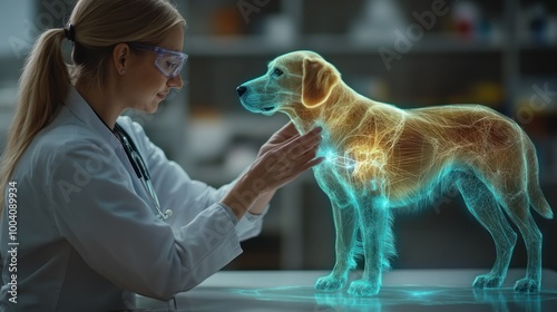 Technician tests holographic veterinary tools on dog photo